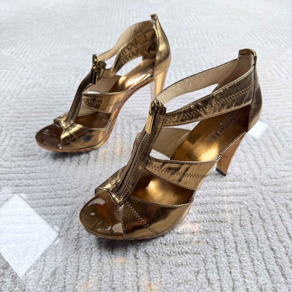 Michael Kors Sandals Womens 9M Gold Metallic Leather T-Strap Zip Heel Glam Party